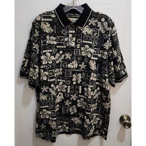 Hilo Hattie Mens Short Sleeve Collared Hawaiian Polo Shirt Black Floral Size S